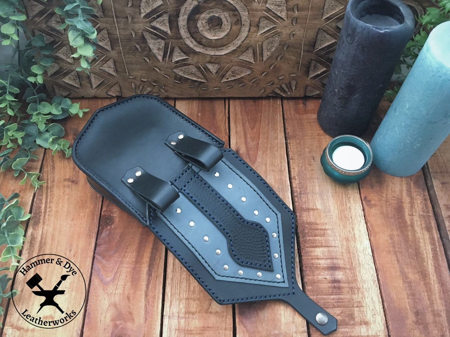 Handmade Two-tone Studded Leather Belt Bag in Black and Blue Outside  view