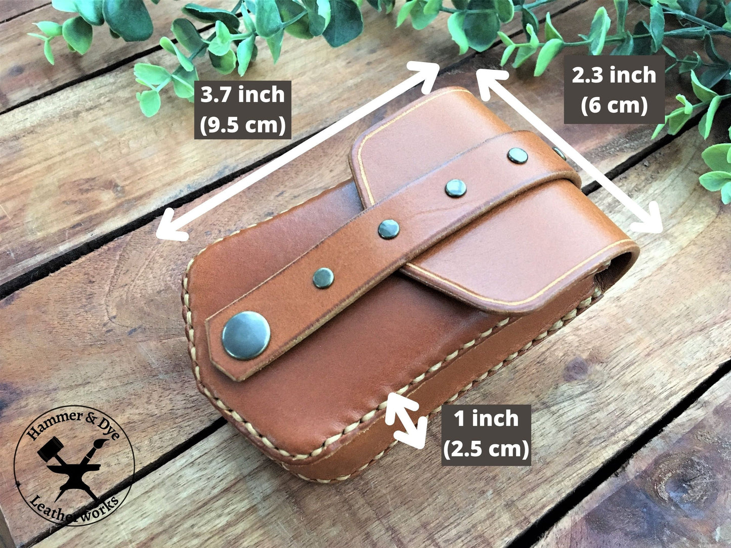 Handmade Cognac Color Mini Leather Belt Pouch for credit cards with Sizing Guide