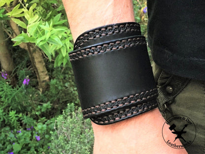 wide black leather cuff bracelet