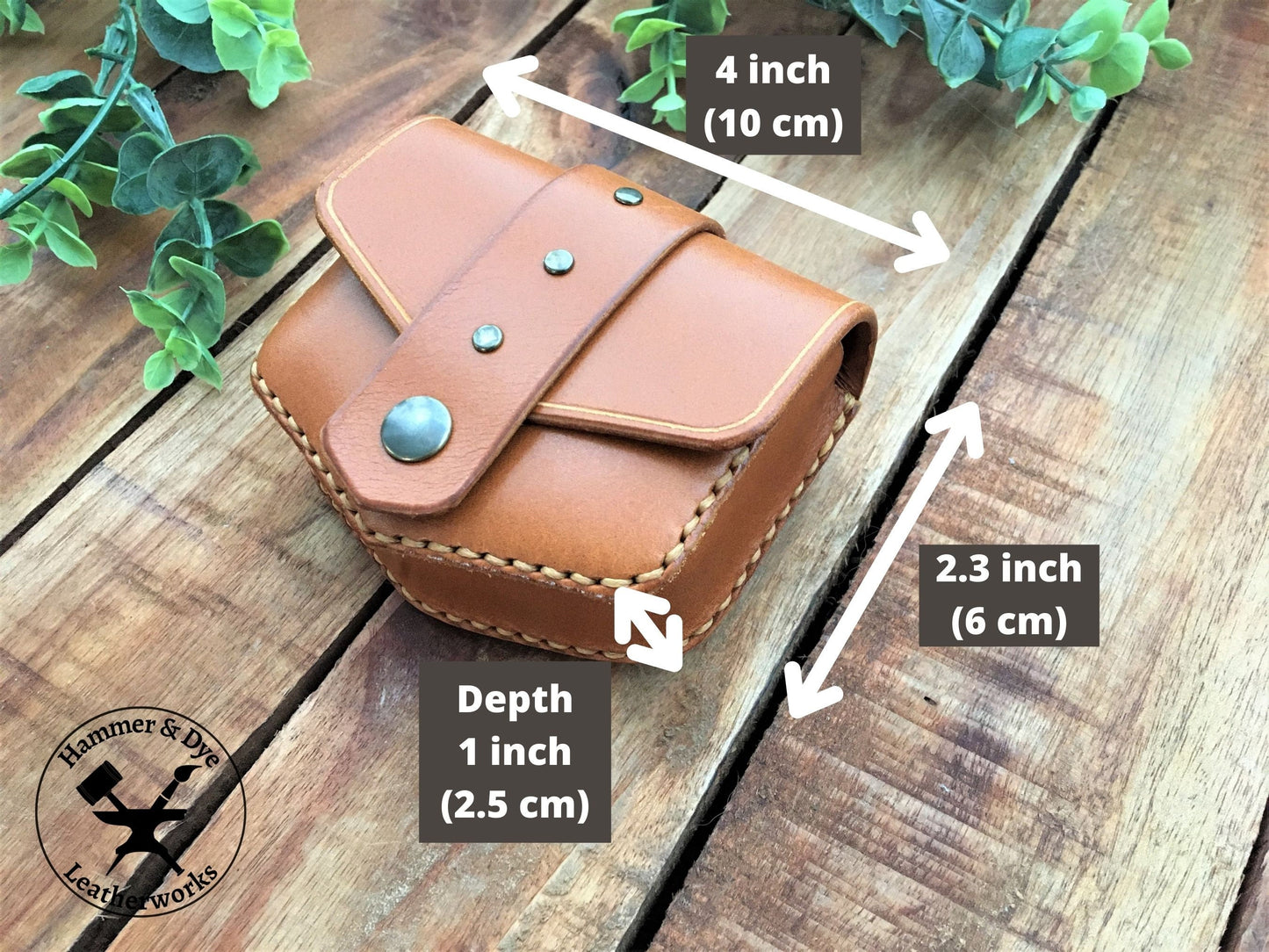 Handmade Cognac Color Mini Leather Belt Pouch for credit cards with Sizing Guide