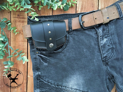 Handmade Black Mini Leather Belt Pouch  Credit Card size on a belt