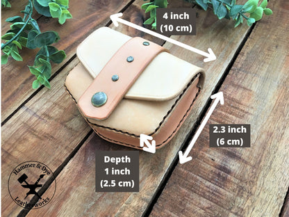 Handmade Undyed Mini Leather Belt Pouch for credit cards with Sizing Guide