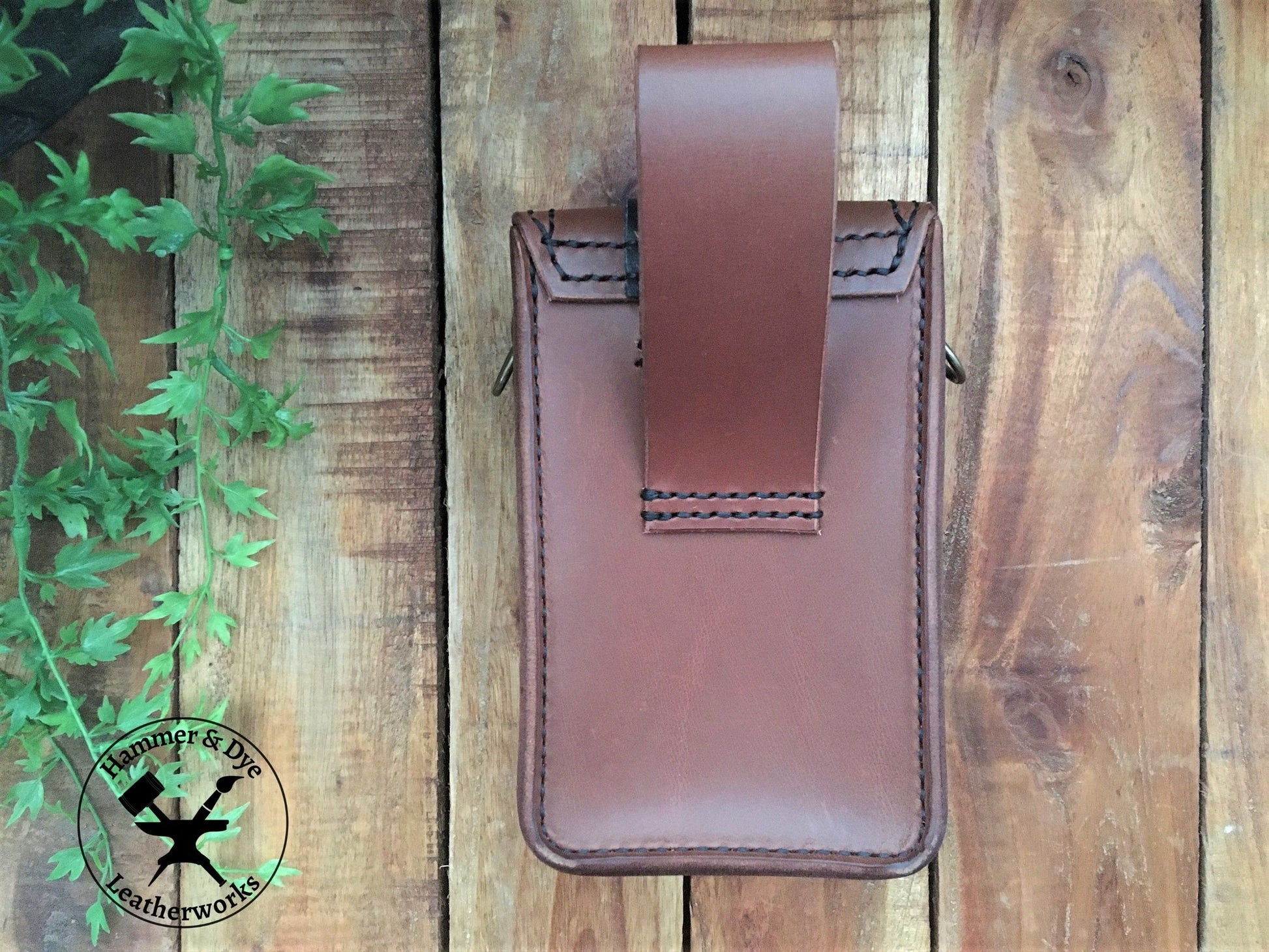 Brown Biker Style Leather Belt Pouch with Black details showing the belt strap