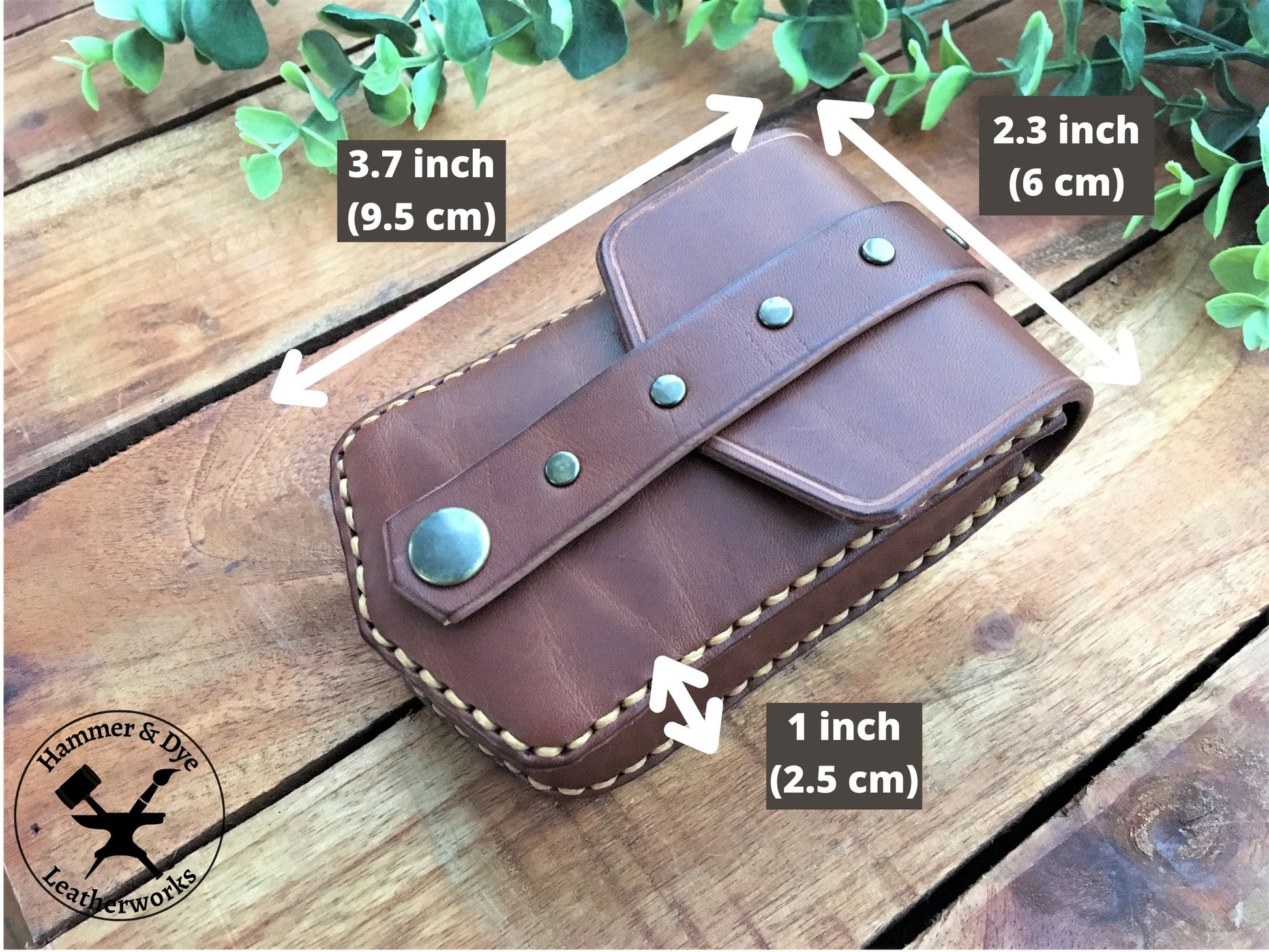 Handmade Brown mini leather belt pouch for credit cards with Size Guide