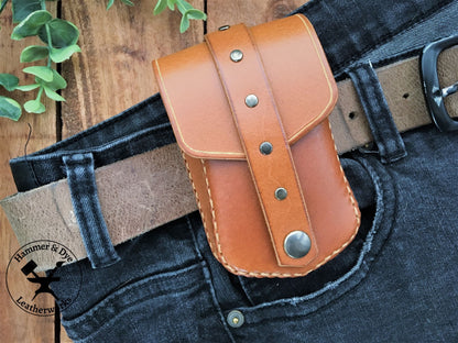 Handmade Cognac Color Mini Leather Belt Pouch for credit cards on a belt