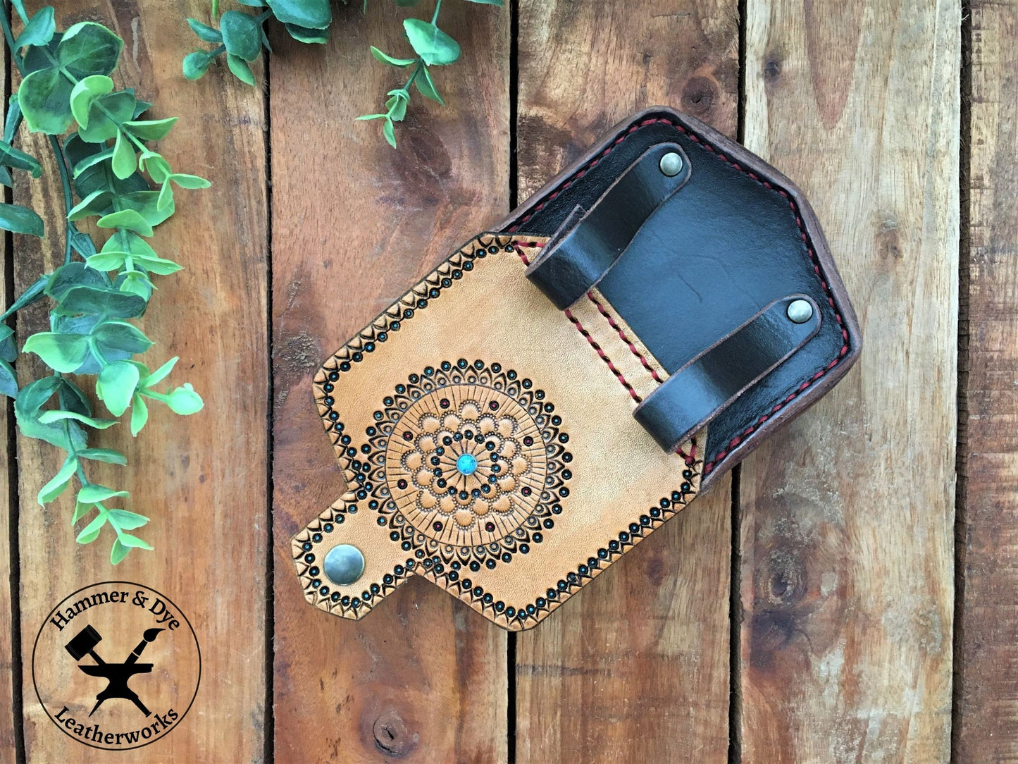 Handmade Boho Style Mini Leather Hip Bag with Turquoise detailing back view