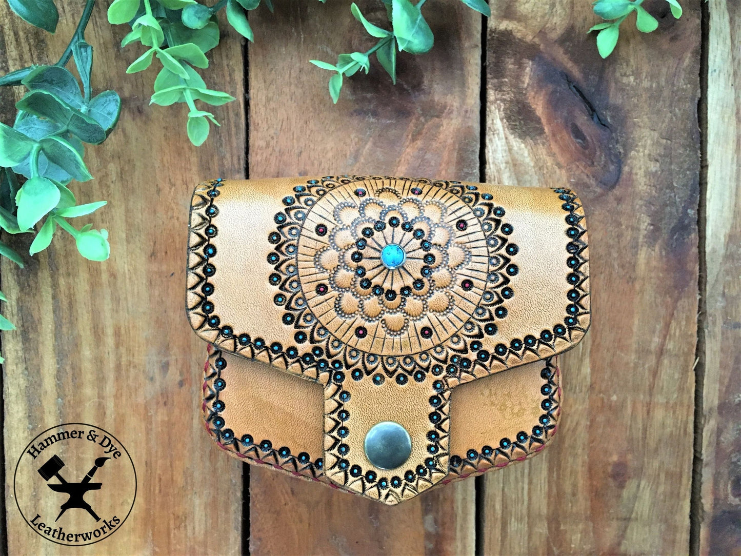 Handmade Boho Style Mini Leather Hip Bag with Turquoise detailing Front View