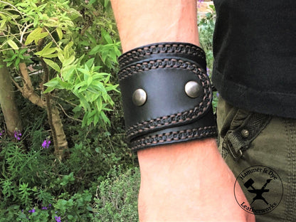 wide black leather cuff bracelet