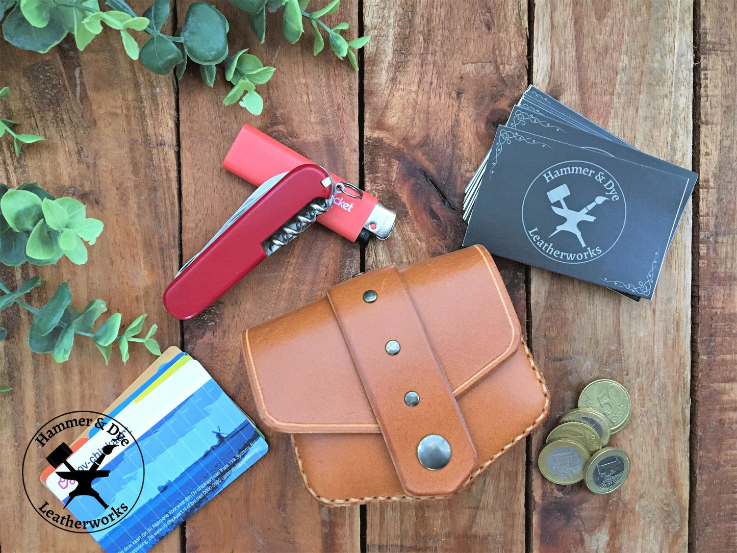 Handmade Cognac Color Mini Leather Belt Pouch for credit cards