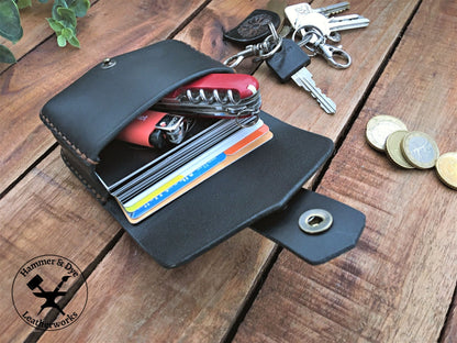 Handmade Black Mini Leather Belt Pouch  Credit Card size  shown full with cards