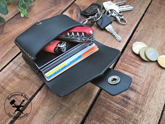 Handmade Black Mini Leather Belt Pouch  Credit Card size  shown full with cards