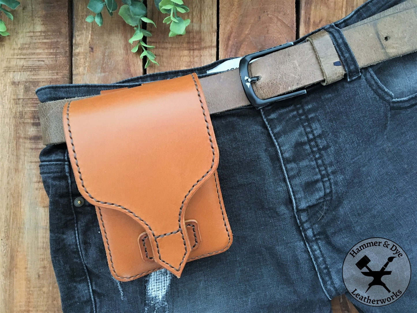 Handmade Classic Cognac Leather Belt Pouch with magnetic closing on a trouser belt