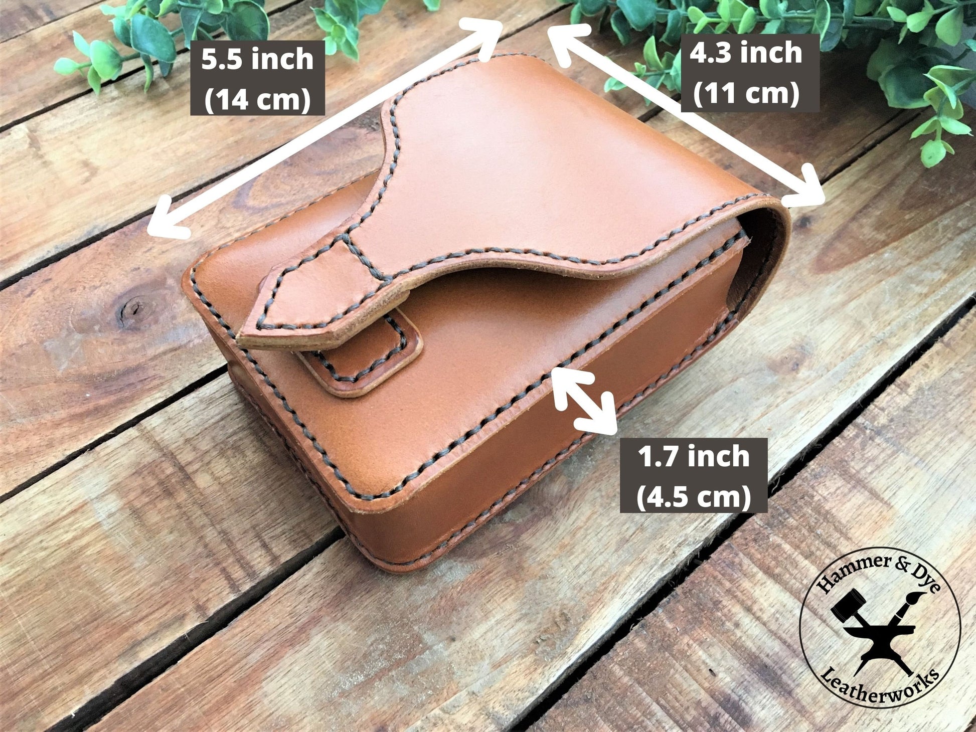 Handmade Classic Cognac Leather Belt Pouch with magnetic closing with sizing guide