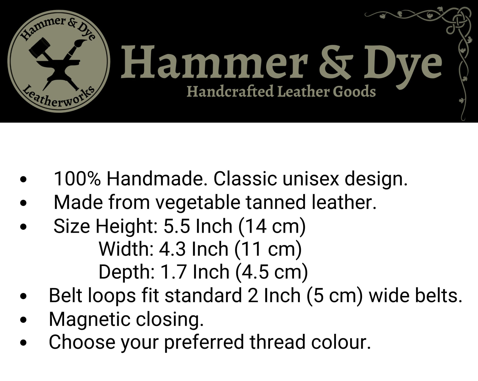 infographic about Handmade Classic Brown Leather Belt Pouch with magnetic closing