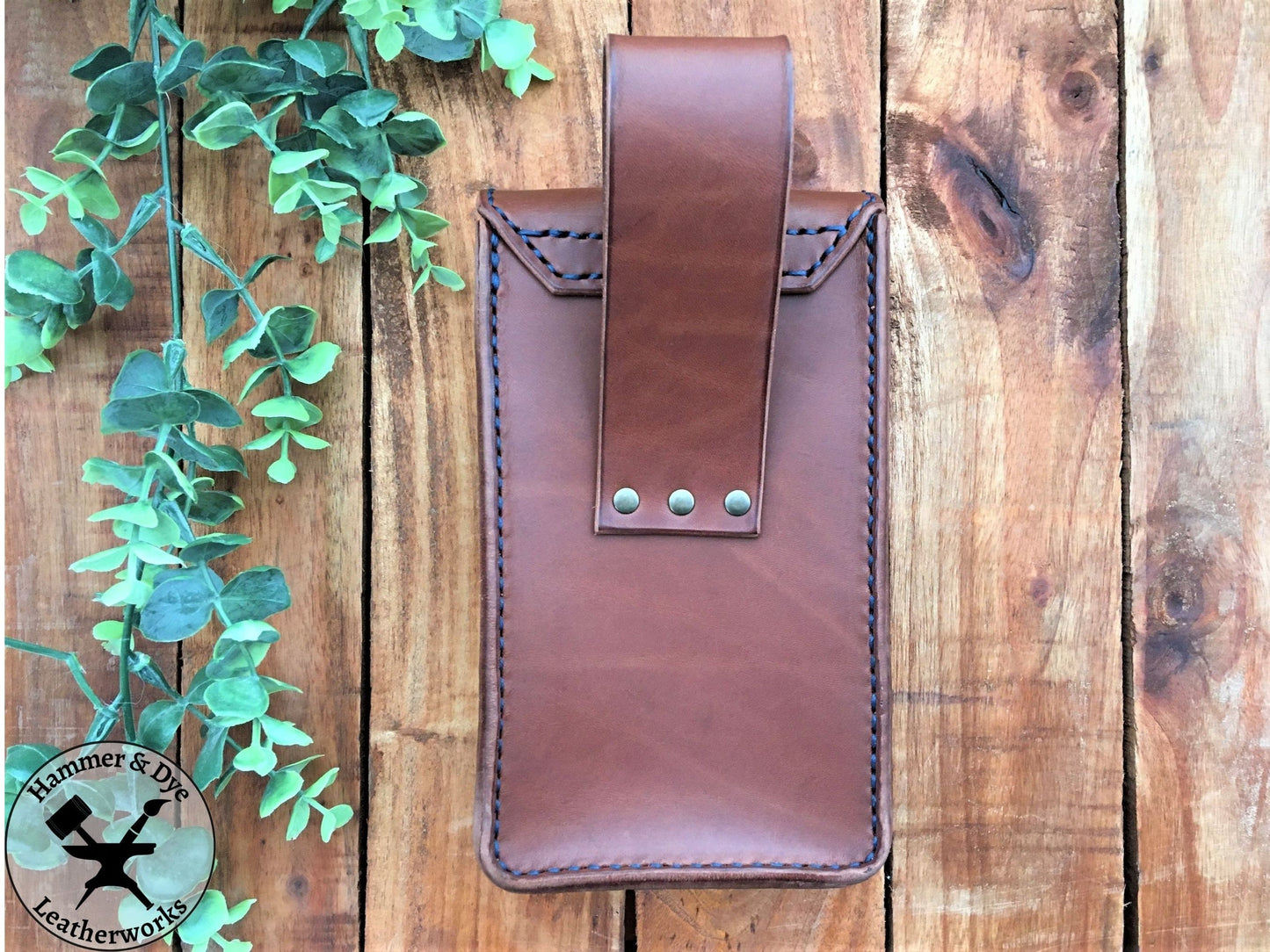 Handmade Brown Leather Festival Belt Pouch with Blue Stitching Back View