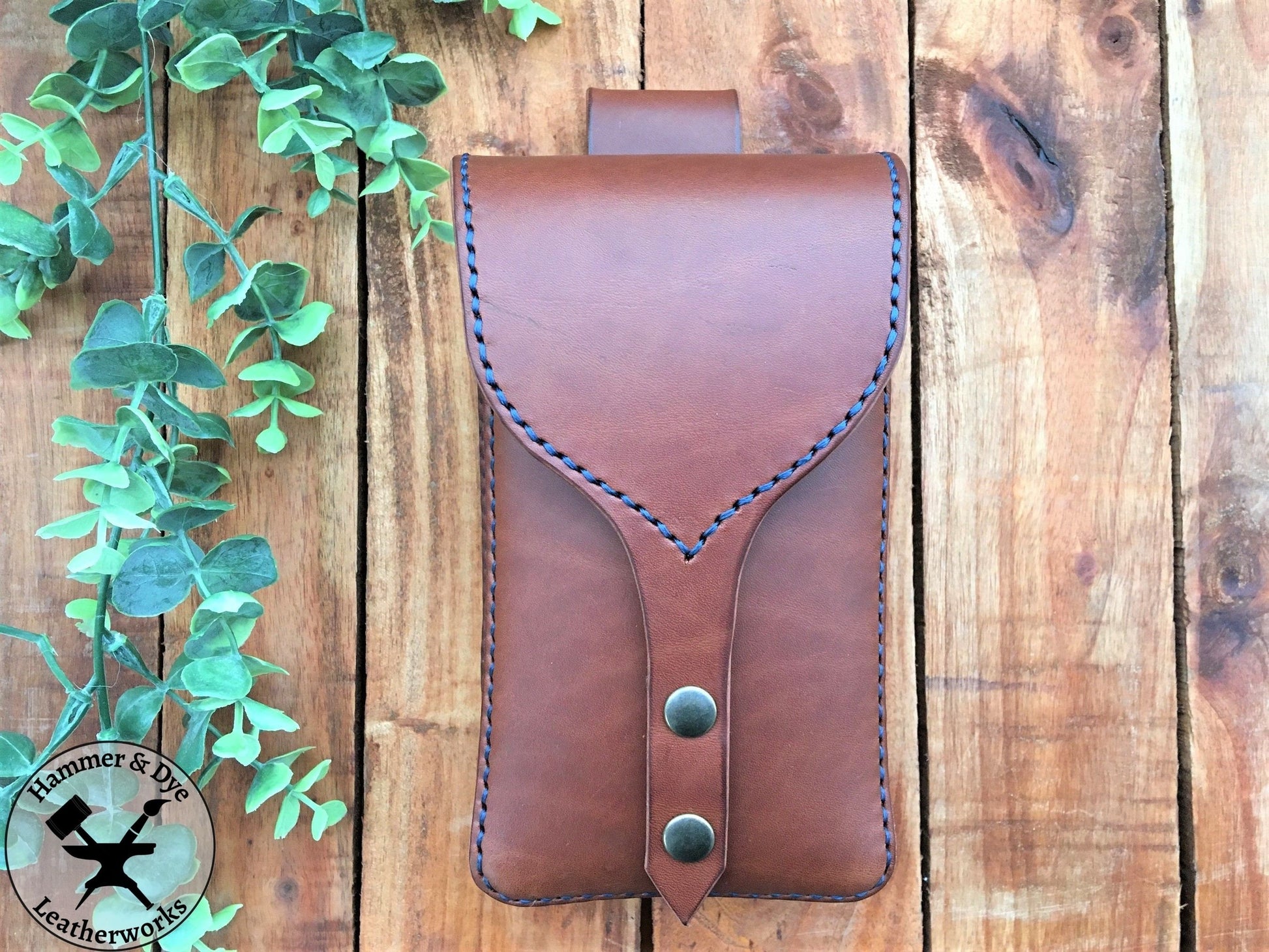 Handmade Brown Leather Festival Belt Pouch with Blue Stitching Front