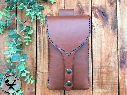 Handmade Brown Leather Festival Belt Pouch with Blue Stitching Front