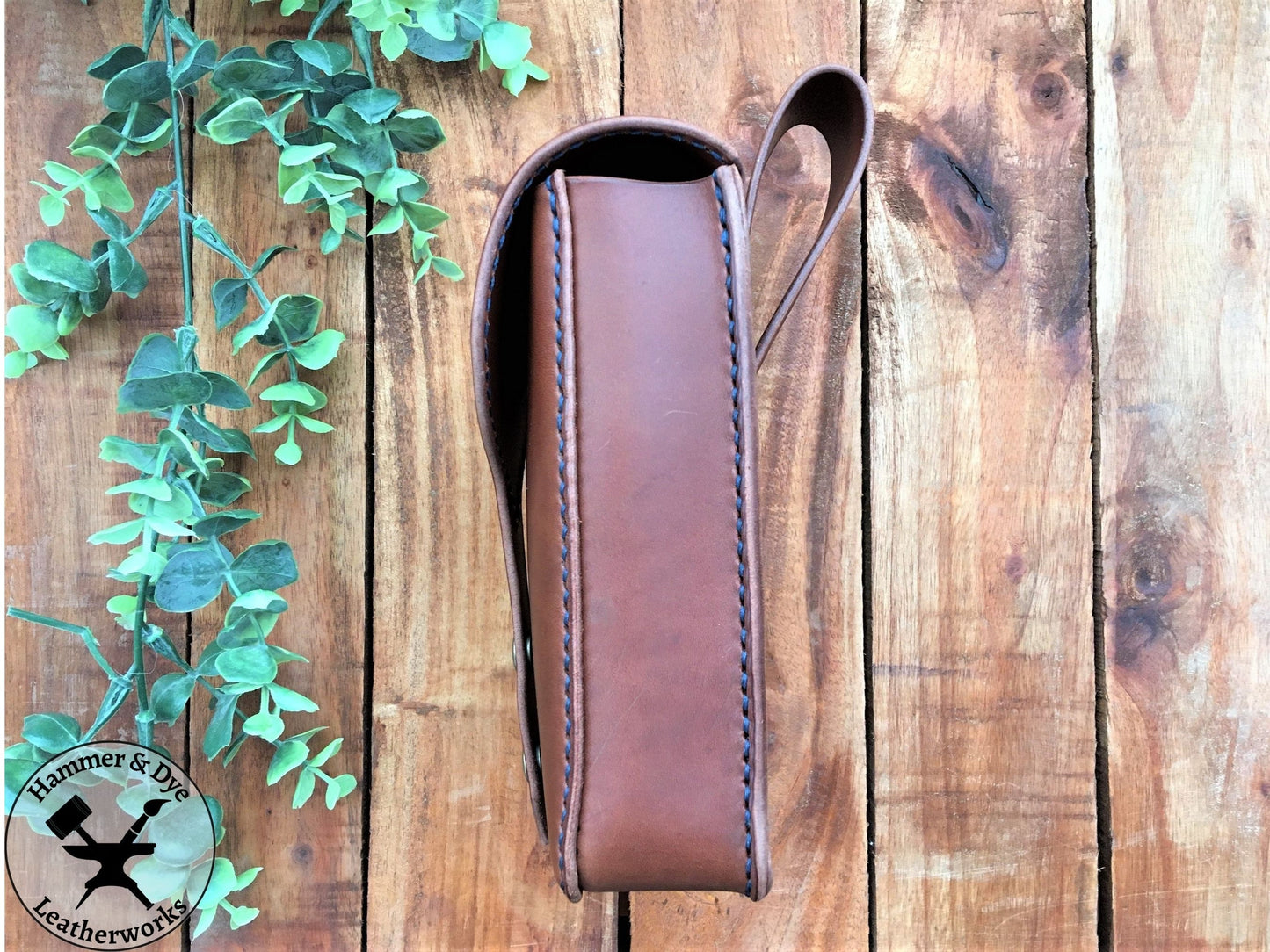 Handmade Brown Leather Festival Belt Pouch with Blue Stitching Side View