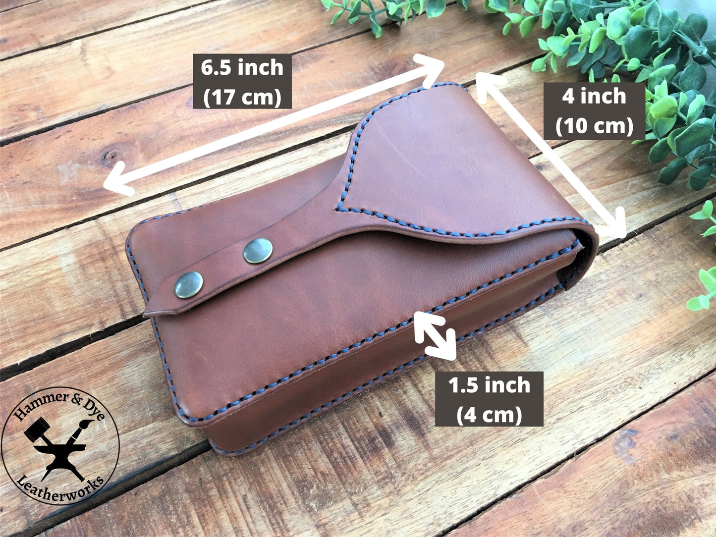 Handmade Brown Leather Festival Belt Pouch with Blue Stitching with Size Guide