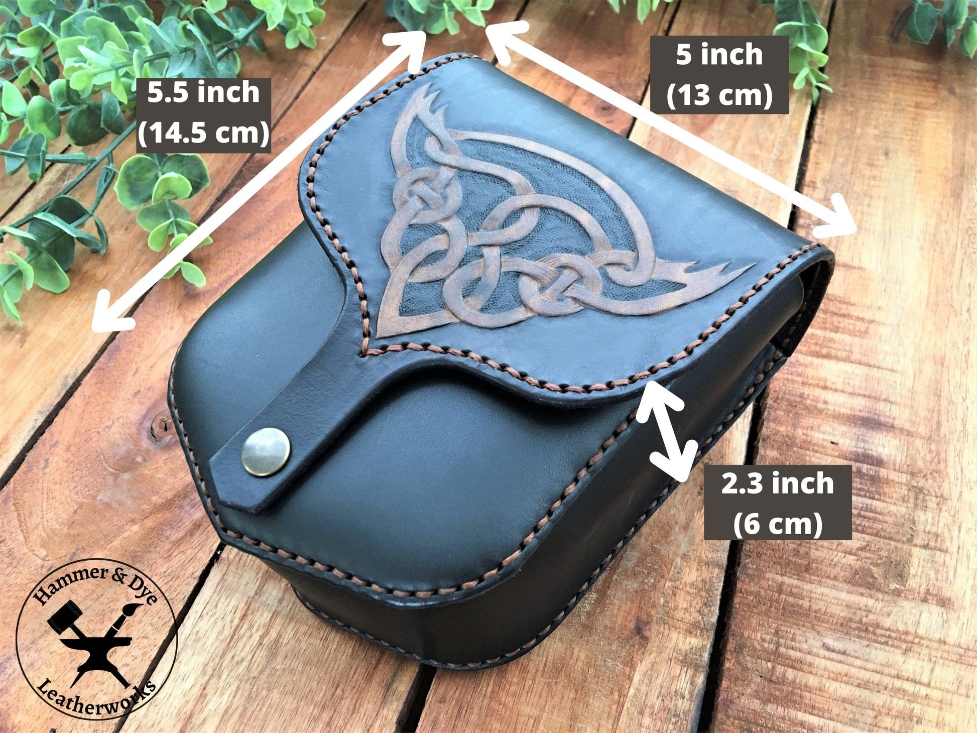 Handmade Black Leather Belt Pouch with Hand Carved Celtic Knotwork Design with a Sizing Guide