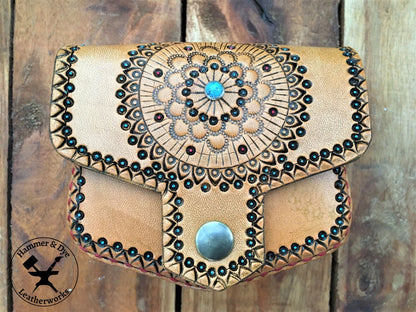 Handmade Boho Style Mini Leather Hip Bag with Turquoise detailing  Close Up