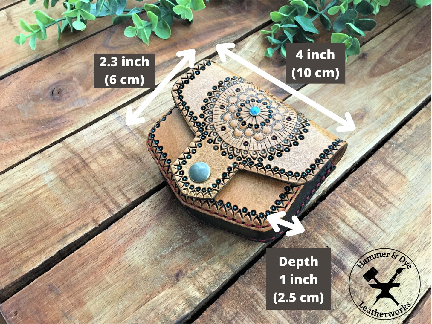 Handmade Boho Style Mini Leather Hip Bag with Turquoise detailing with size guide