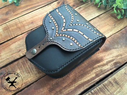 Handmade 2-tone Leather Belt Pouch with Carved wave Pattern and Studs 