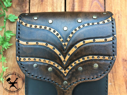 Handmade 2-tone Leather Belt Pouch with Carved wave Pattern and Studs  Close Up