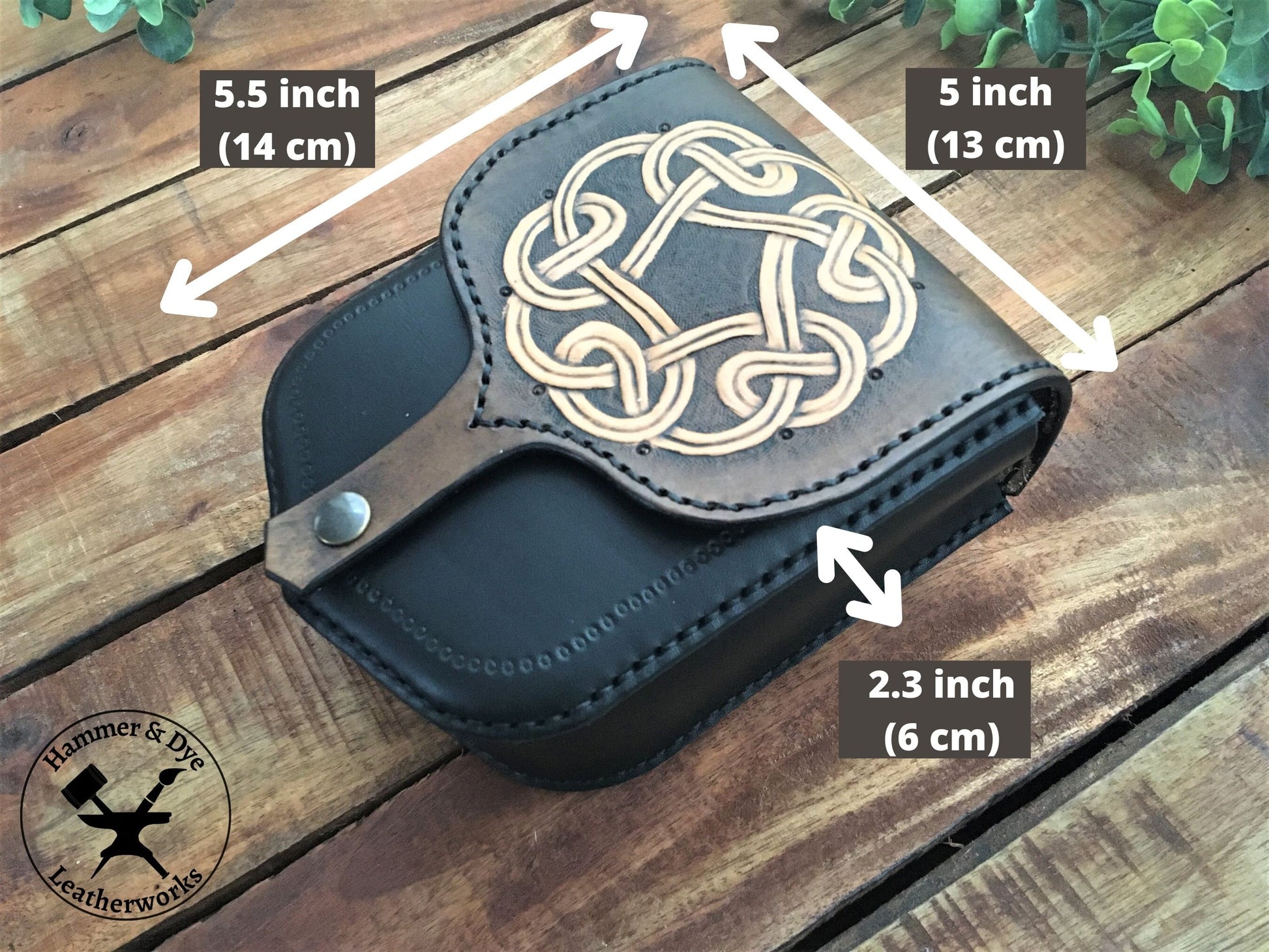 Handmade 2-tone Leather Belt Pouch with Circular Celtic Knotwork Carving  with Sizing Guide