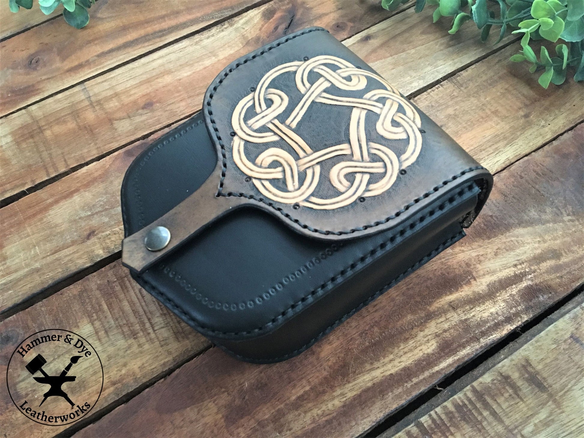Handmade 2-tone Leather Belt Pouch with Circular Celtic Knotwork Carving 