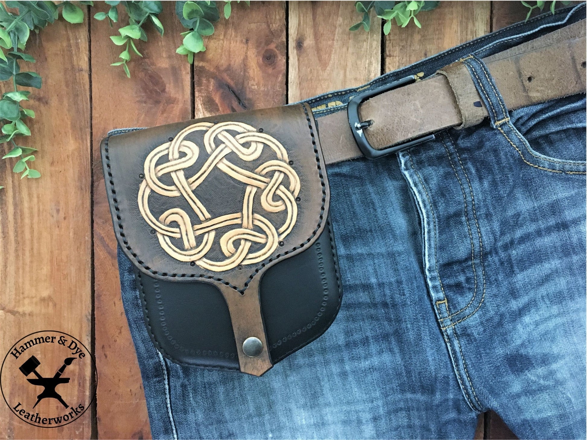 Handmade 2-tone Leather Belt Pouch with Circular Celtic Knotwork Carving  on a Trouser Belt