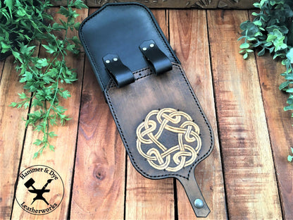 Handmade 2-tone Leather Belt Pouch with Circular Celtic Knotwork Carving back view with flap open
