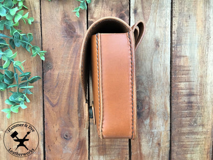 Handmade Classic Cognac Leather Belt Pouch with magnetic closing side view