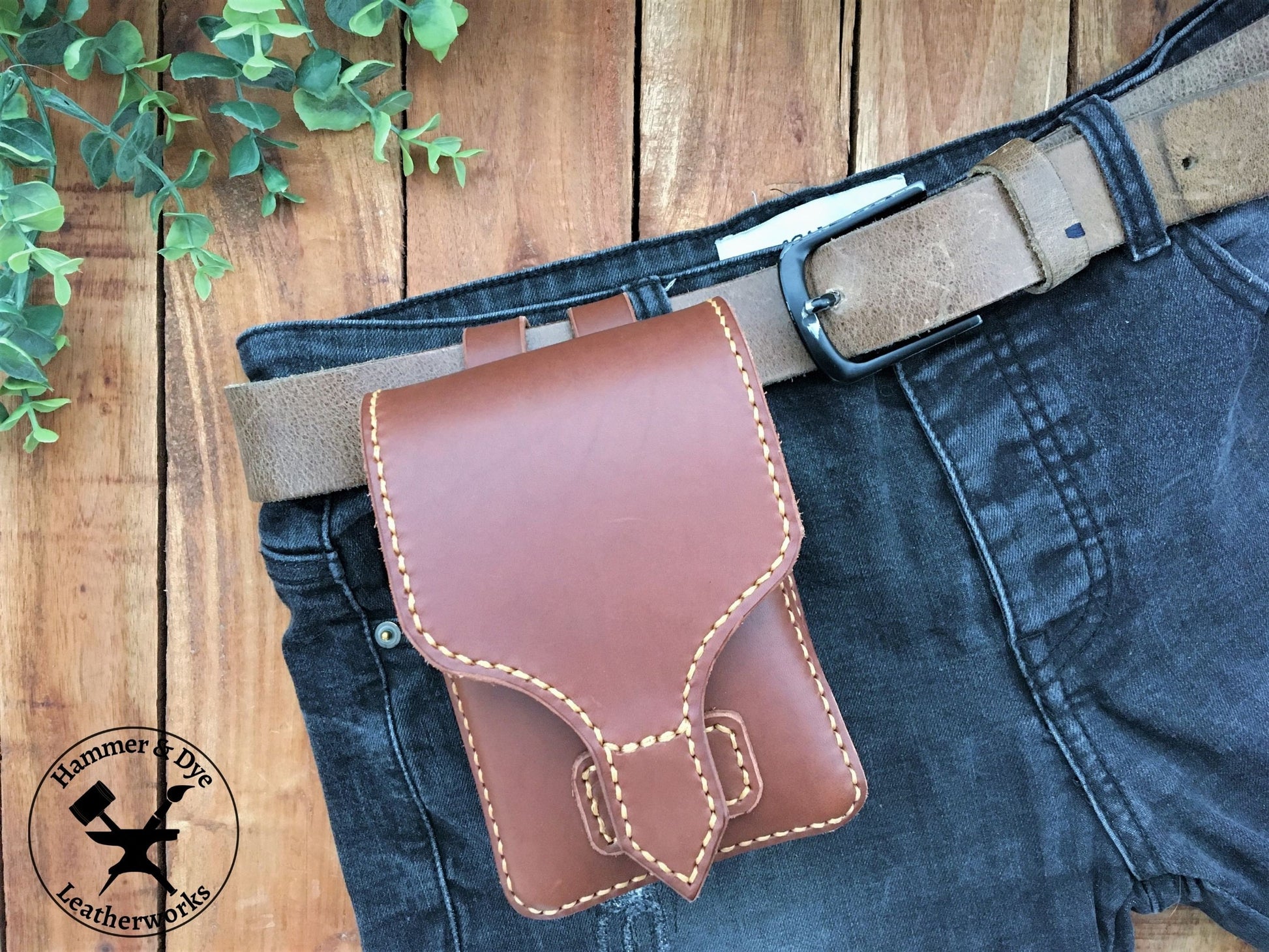 Handmade Classic Brown Leather Belt Pouch with magnetic closing on a trouser belt