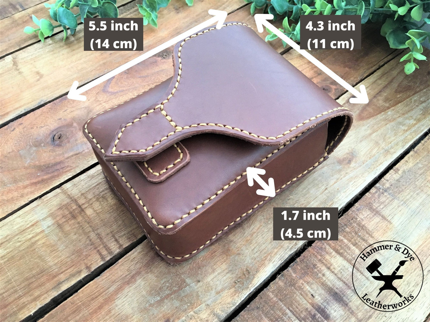 Handmade Classic Brown Leather Belt Pouch with magnetic closing with sizing guide