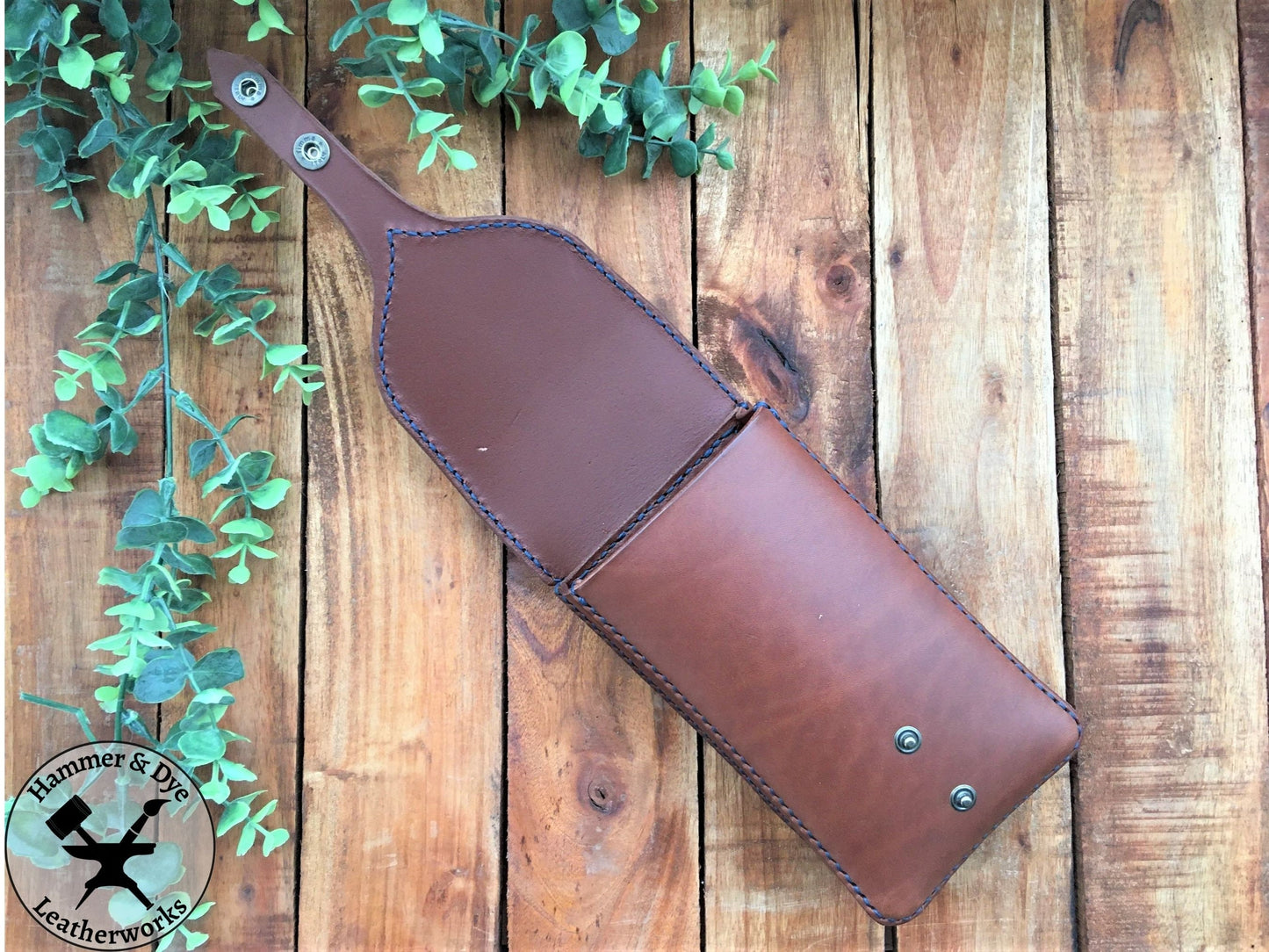 Handmade Brown Leather Festival Belt Pouch with Blue Stitching front view with flap open