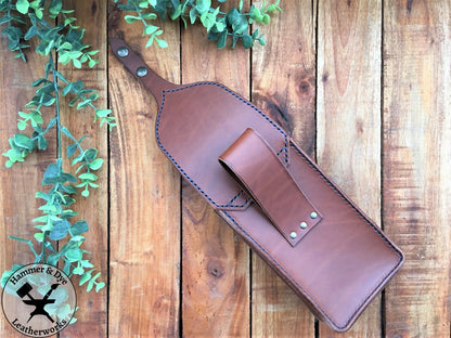 Handmade Brown Leather Festival Belt Pouch with Blue Stitching Back view with flap open