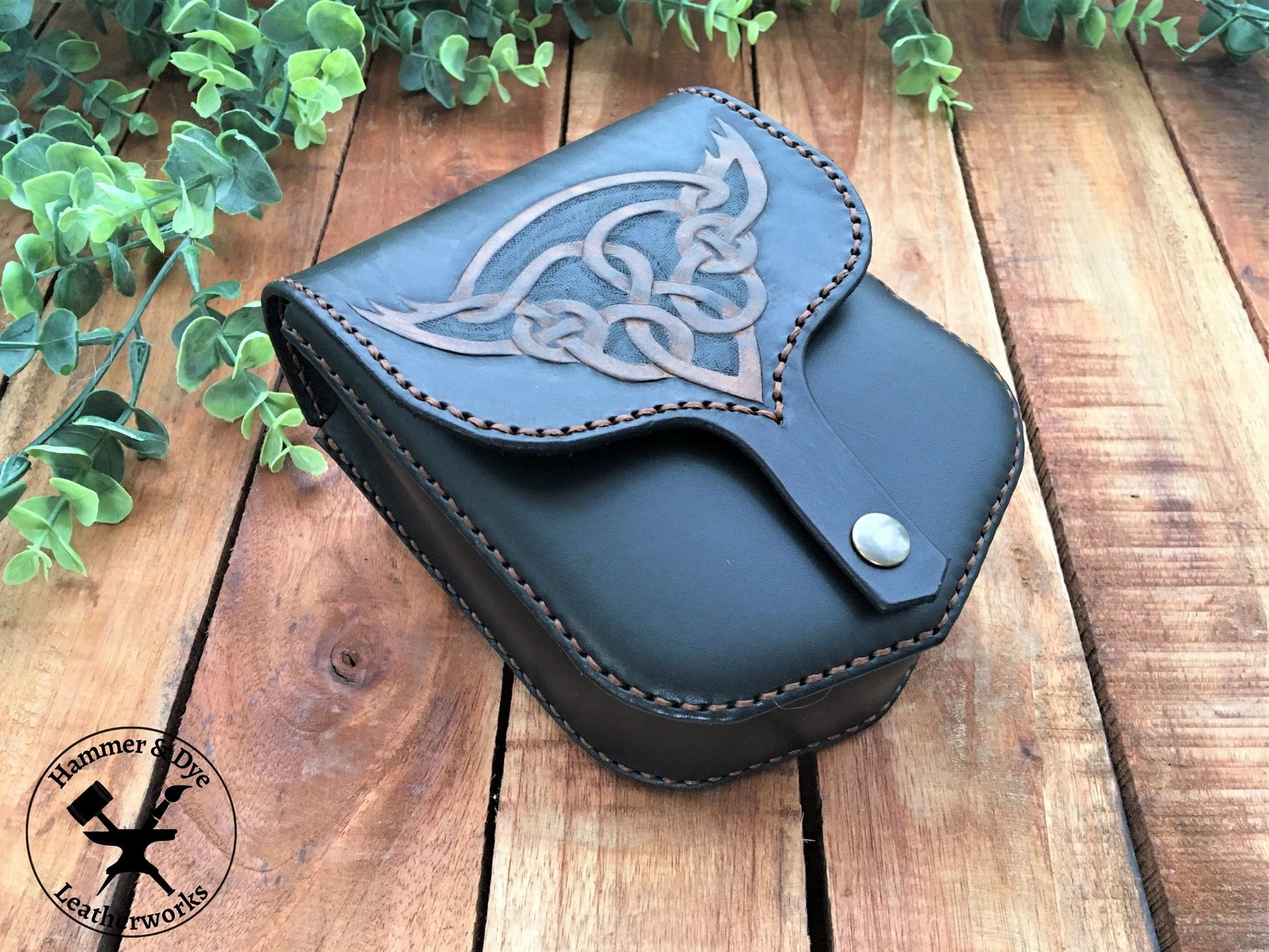 Handmade Black Leather Belt Pouch with Hand Carved Celtic Knotwork Design