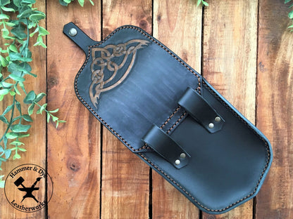 Handmade Black Leather Belt Pouch with Hand Carved Celtic Knotwork Design Back view with flap open