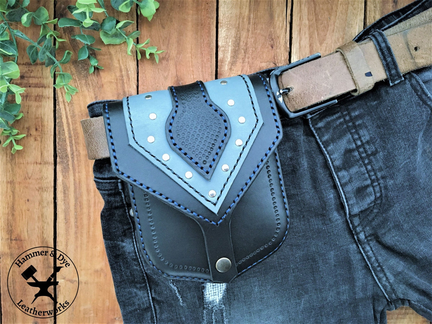 Handmade Two-tone Studded Leather Belt Bag in Black and Blue on a trouser belt
