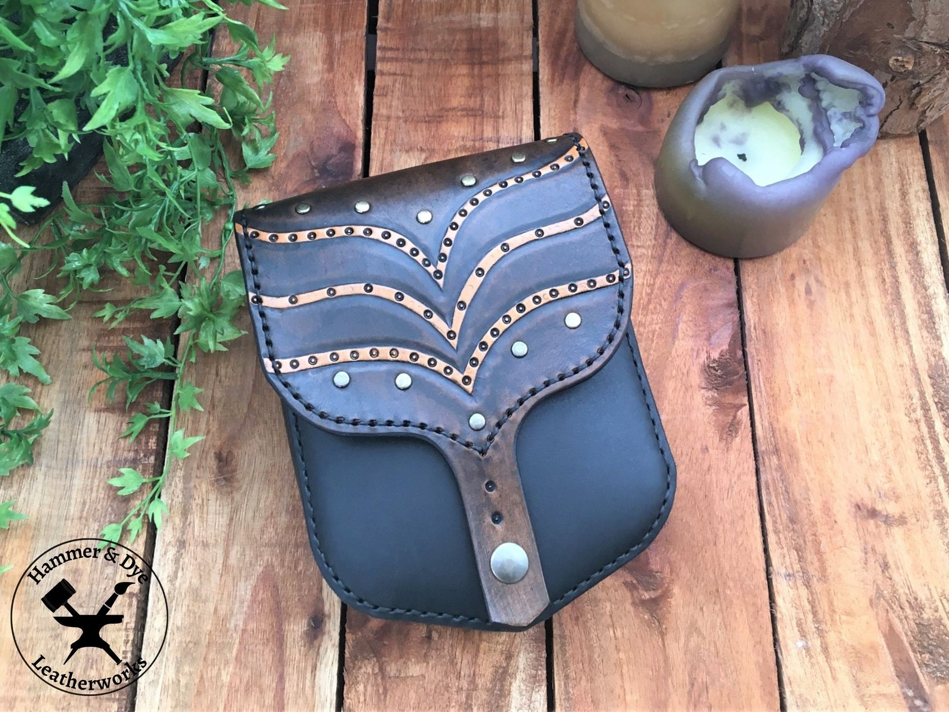 Handmade 2-tone Leather Belt Pouch with Carved wave Pattern and Studs  Front View