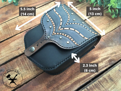 Handmade 2-tone Leather Belt Pouch with Carved wave Pattern and Studs  with Sizing Guide