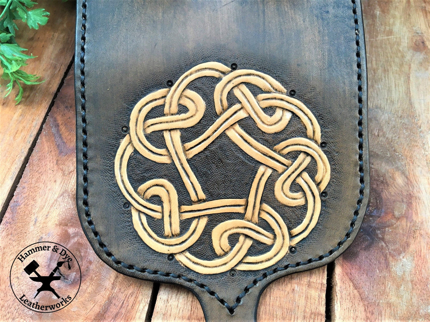 Handmade 2-tone Leather Belt Pouch with Circular Celtic Knotwork Carving  Close Up
