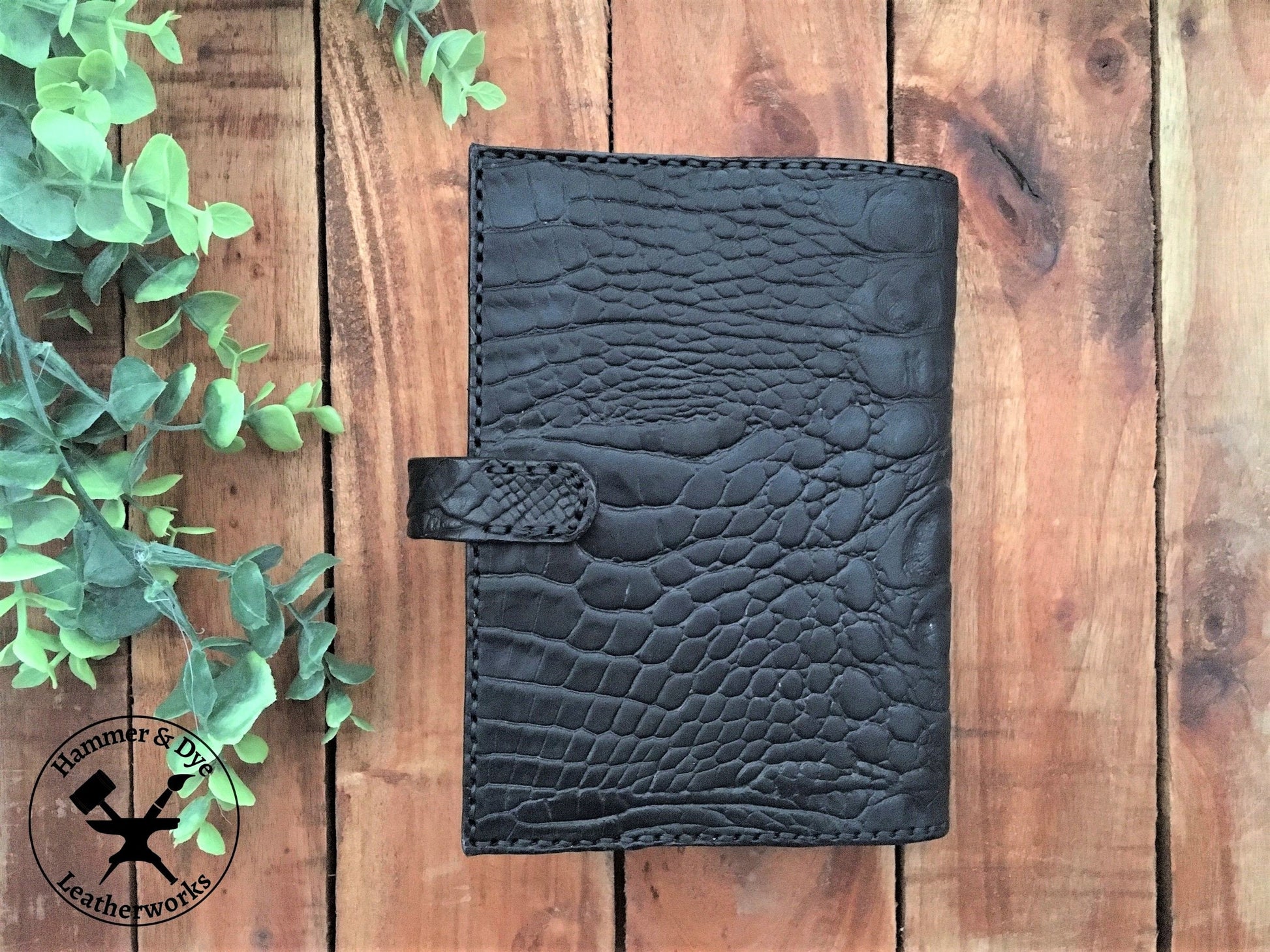 Handmade Black Leather Alligator Embossed Book Cover  back view