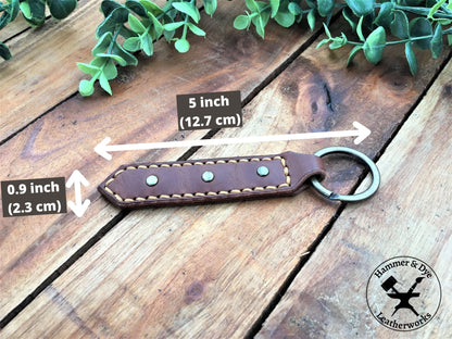 Handmade Brown Leather Studded Keychain with Hazel Stitching with Sizing