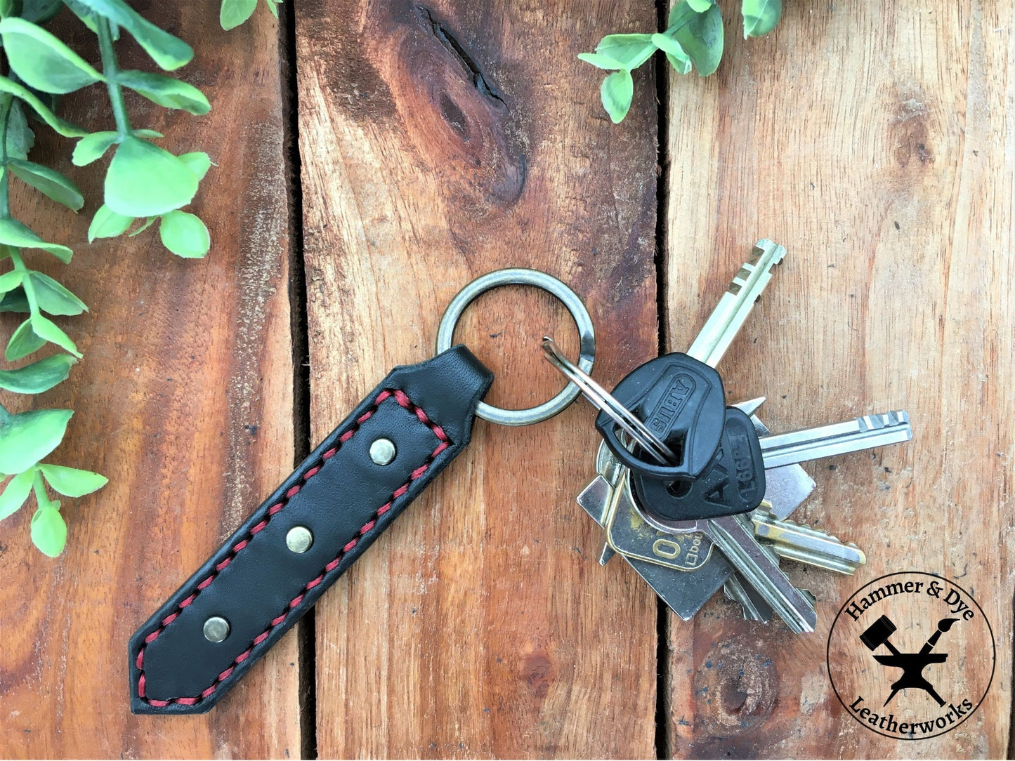 Handmade Black Leather Studded Keychain with Red Stitching with keys