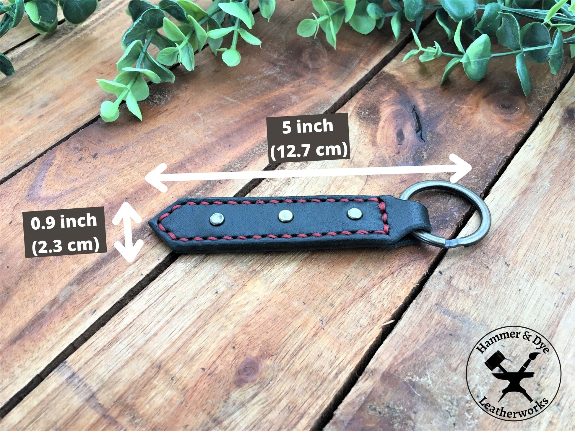 Handmade Black Leather Studded Keychain with Red Stitching with sizing
