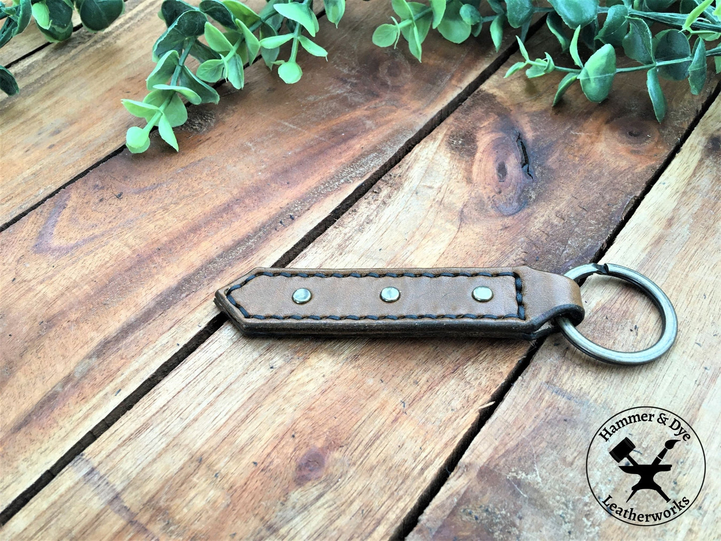 Handmade Antique Brown Leather Studded Keychain with Black Stitching
