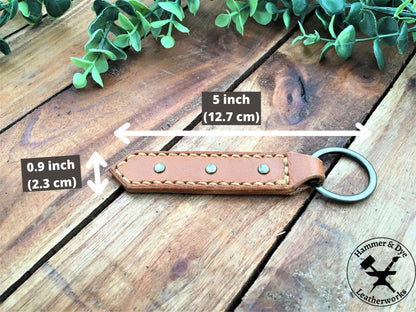 Handmade Tan Color Leather Studded Keychain with Hazel Stitching with Sizing
