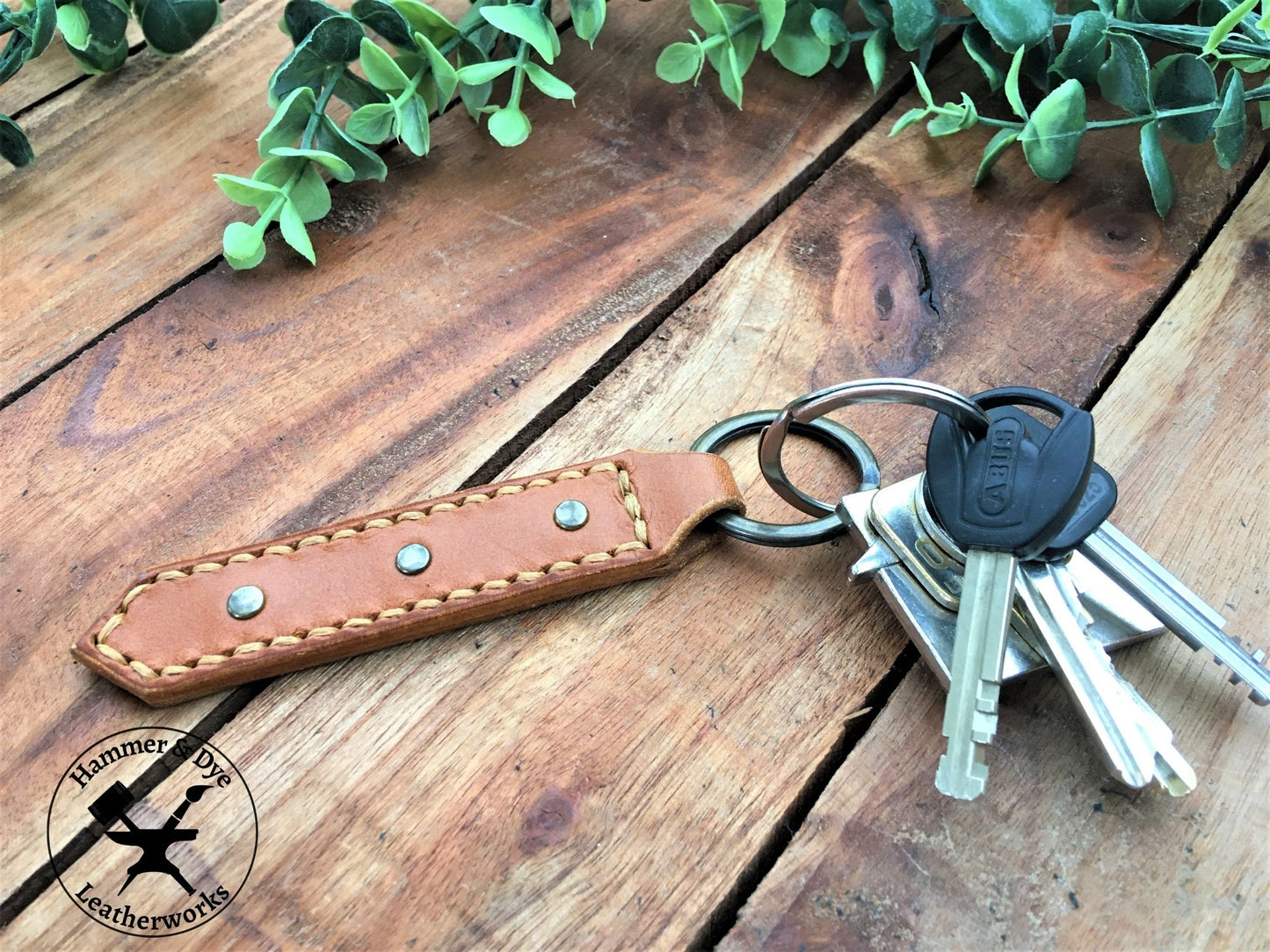 Handmade Tan Color Leather Studded Keychain with Hazel Stitching with Keys